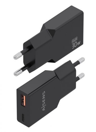 CARREGADOR ULTRA FINO GaN 30W 1xUSB-C PD3,0 QC4,0 1xUSB-A QC3,0 PRETO AISENS A110-1005