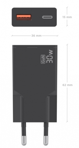 CARREGADOR ULTRA FINO GaN 30W 1xUSB-C PD3,0 QC4,0 1xUSB-A QC3,0 PRETO AISENS A110-1005