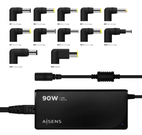 Carregador universal automático multivoltagem de 90 W para laptops com 12 conectores + USB-A QC 3.0 Aisens ASLC-90WAUTO-BK