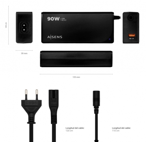 Carregador universal automático multivoltagem de 90 W para laptops com 12 conectores + USB-A QC 3.0 Aisens ASLC-90WAUTO-BK