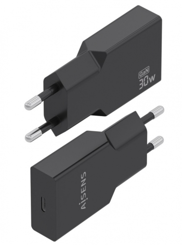 CARREGADOR ULTRA FINO GaN 30W 1xUSB-C PD3,0 PRETO AISENS A110-1004