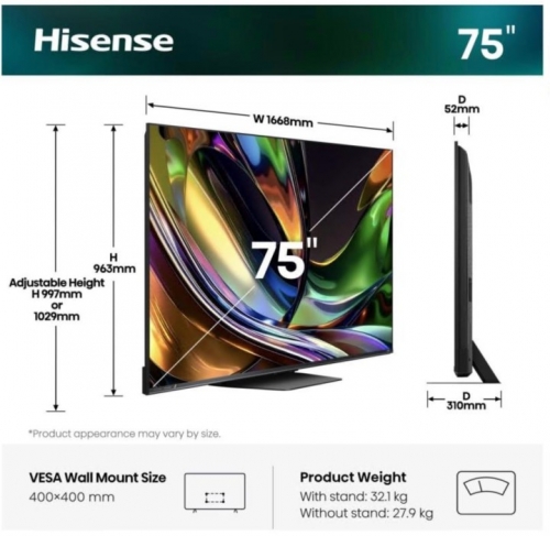 TV HISENSE 75UR8S - RGB-MINILED TV 75" 4K UHD SMART TV VIDAA 