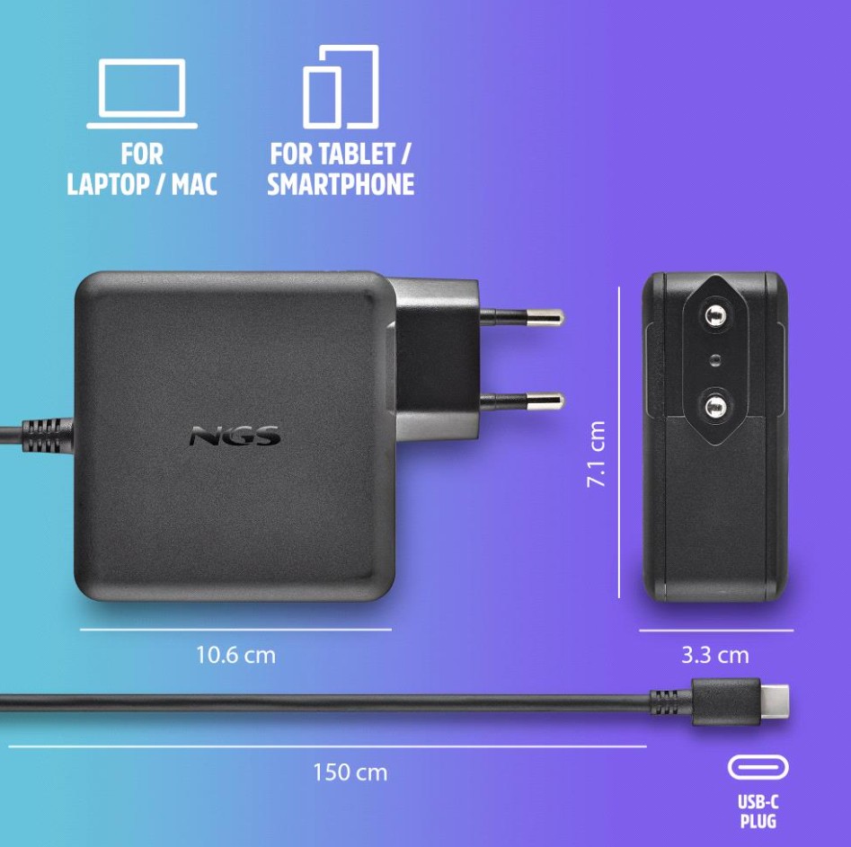 Carregador com saída USBC de 100W, ideal para computadores portáteis, tablets e smartphone NGS GAN100W-C