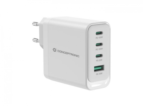 Carregador USB PD GaN ALTHEA22W100 de 4 portas e 100 W, 3 portas USB-C, 1 porta USB-A, QC 3.0, PPS, PD 3.0, branco | ALTHEA22W100