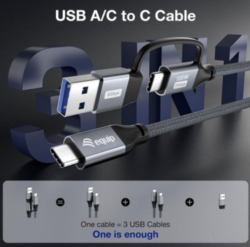 Cabo USB 3.2 Gen 2x2 2 em 1 EQUIP 128432, USB-C macho para USB-C macho com adaptador USB-A, 2,0 m