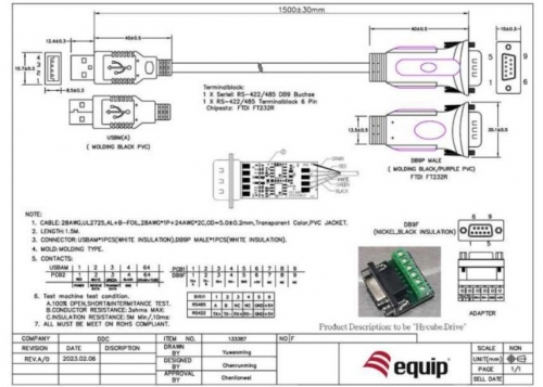 Cabo adaptador USB-A para serial RS-422/485 EQUIP 133387, USB 2.0 macho para DB9 macho,1,5 m