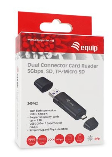 Leitor de cartão com conector duplo EQUIP 245462, USB-C e USB-A, SD/MicroSD até 2 TB