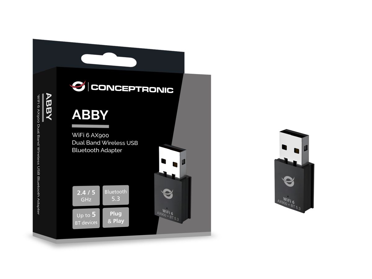 Adaptador USB Conceptronic ABBY26B Wi-Fi 6 AX900 Dual Band + Bluetooth 5.3 – Preto