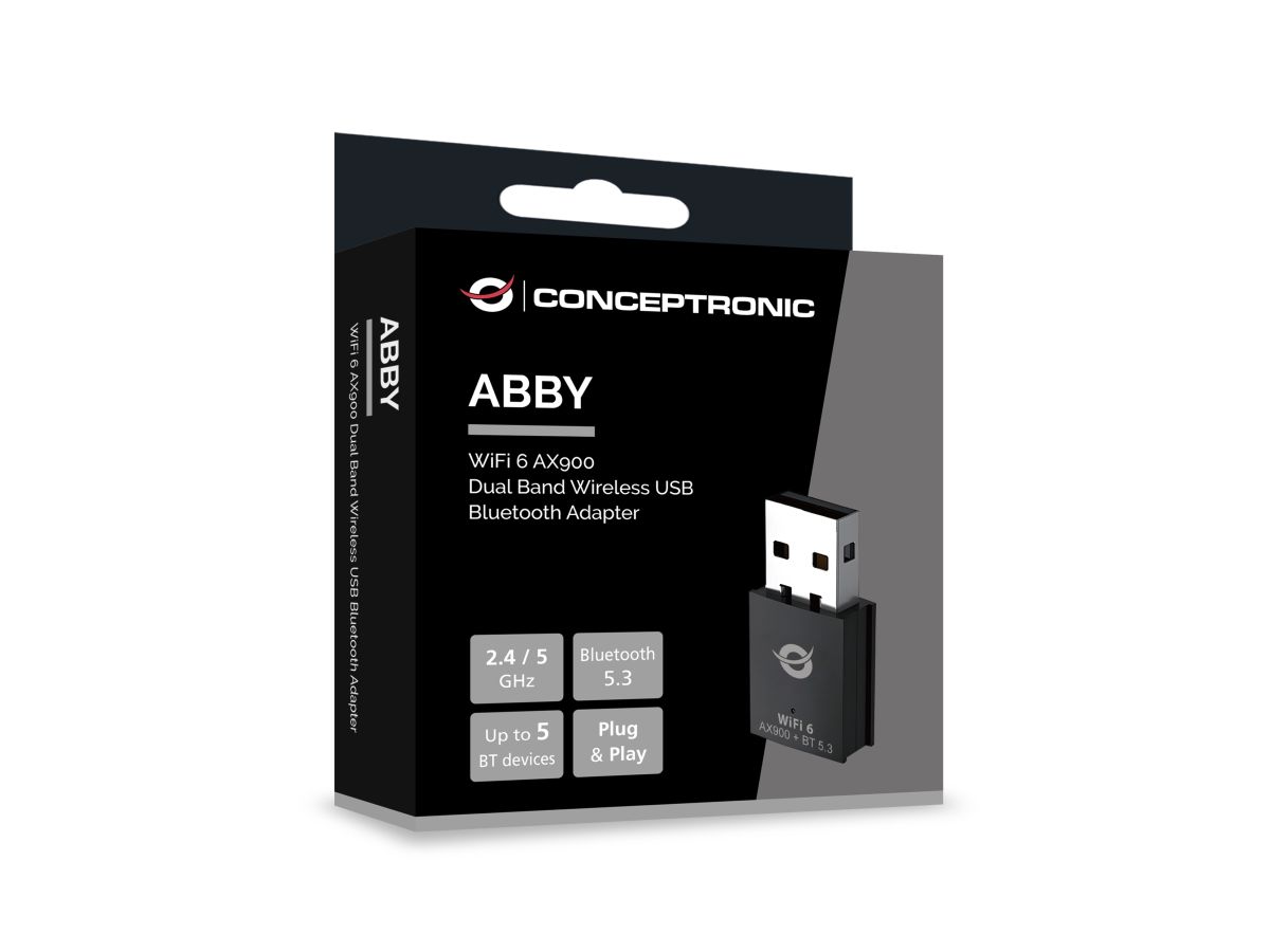 Adaptador USB Conceptronic ABBY26B Wi-Fi 6 AX900 Dual Band + Bluetooth 5.3 – Preto