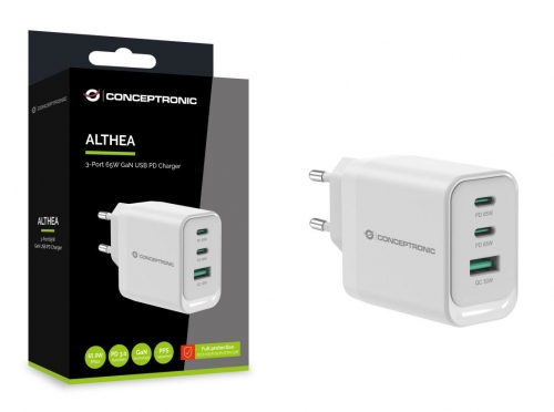 Carregador USB PD GaN ALTHEA21W65 de 3 portas CONCEPTRONIC ALTHEA21W65