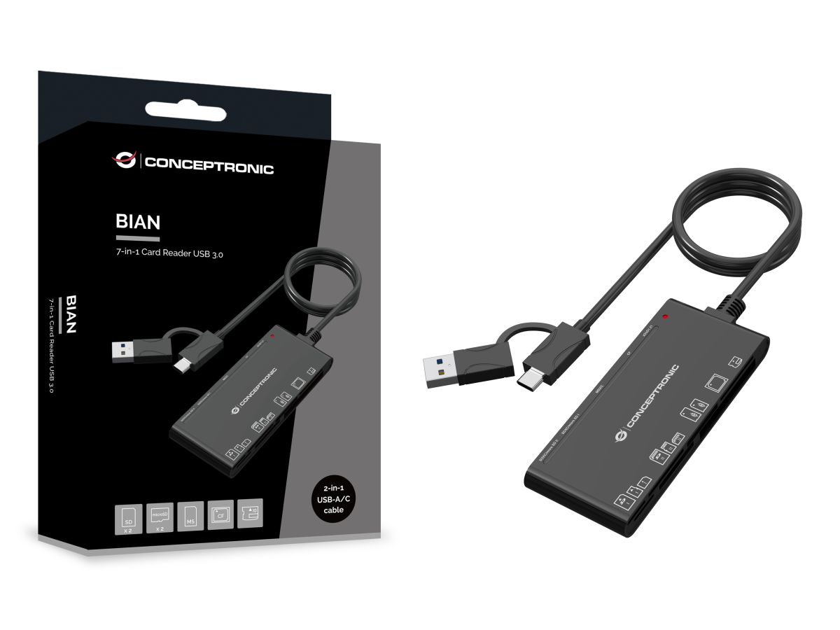Leitor de Cartões Conceptronic BIAN10B 7-em-1 USB 3.0 / USB-C Preto