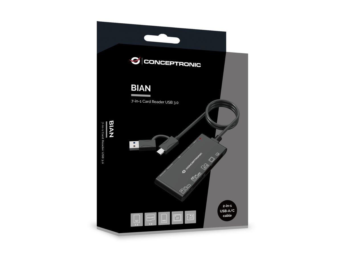 Leitor de Cartões Conceptronic BIAN10B 7-em-1 USB 3.0 / USB-C Preto