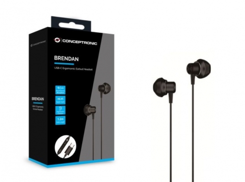 Auriculares Intra-Auriculares Conceptronic BRENDAN04B – USB-C, Microfone Integrado, Controlo no Cabo, 1,2 m, Preto