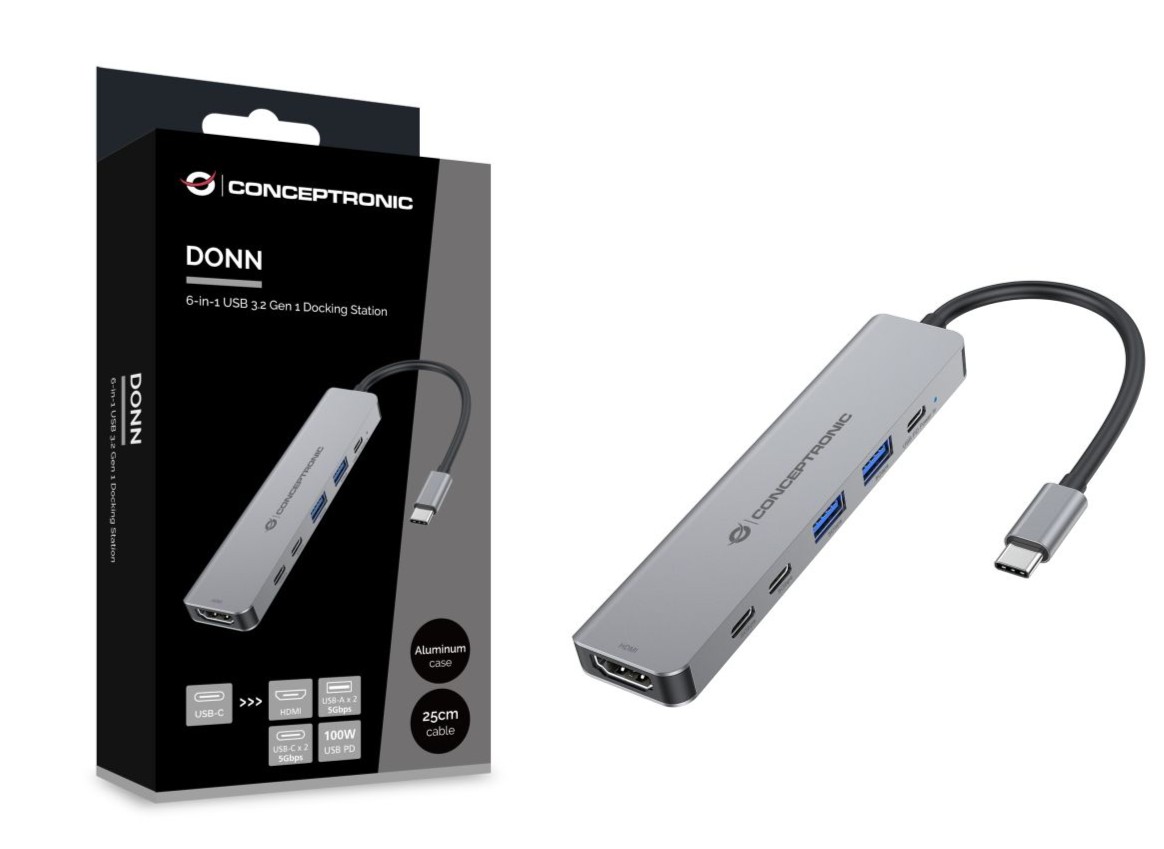 Docking Station Conceptronic DONN33G 6-em-1 USB-C HDMI 4K, USB-A, USB-C e Power Delivery 100W Cinzento