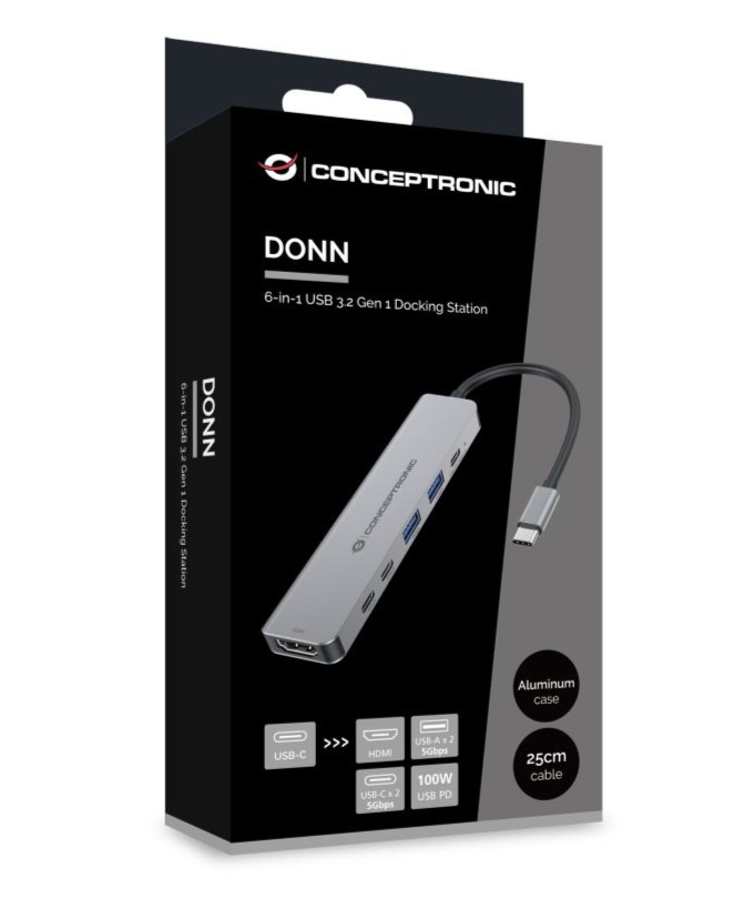 Docking Station Conceptronic DONN33G 6-em-1 USB-C HDMI 4K, USB-A, USB-C e Power Delivery 100W Cinzento