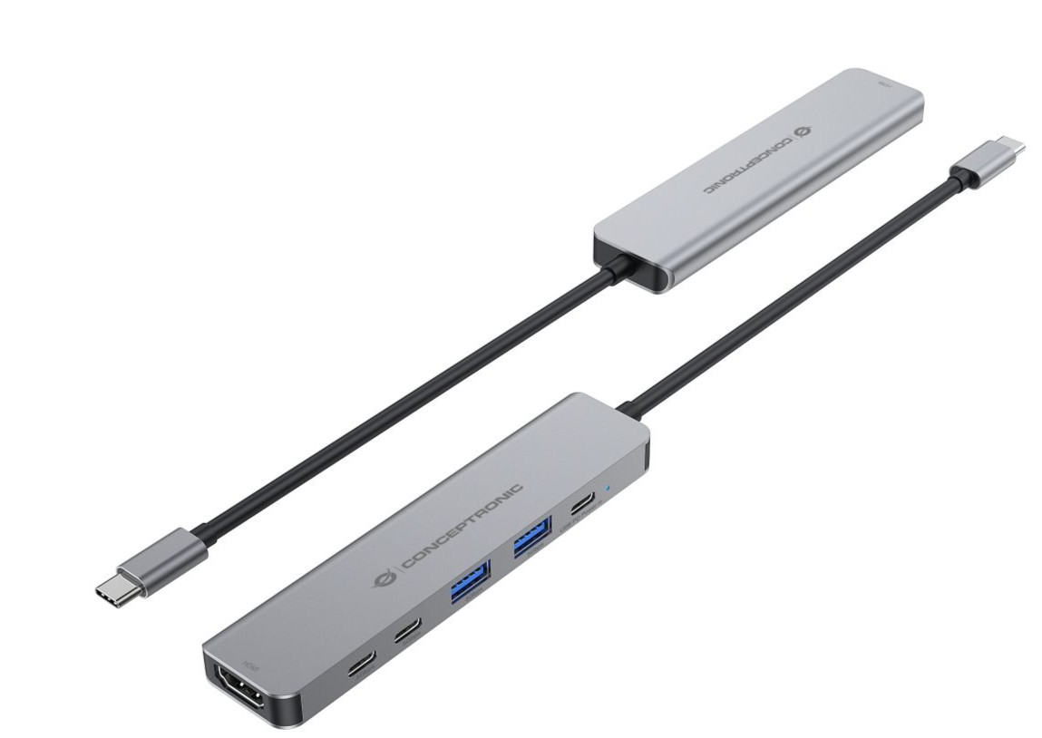 Docking Station Conceptronic DONN33G 6-em-1 USB-C HDMI 4K, USB-A, USB-C e Power Delivery 100W Cinzento