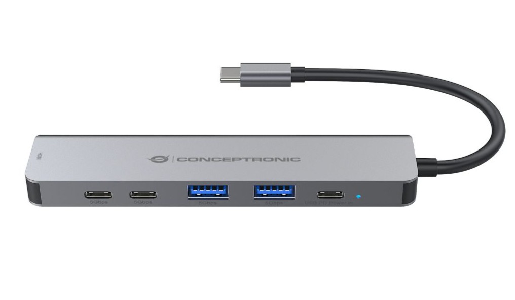 Docking Station Conceptronic DONN33G 6-em-1 USB-C HDMI 4K, USB-A, USB-C e Power Delivery 100W Cinzento