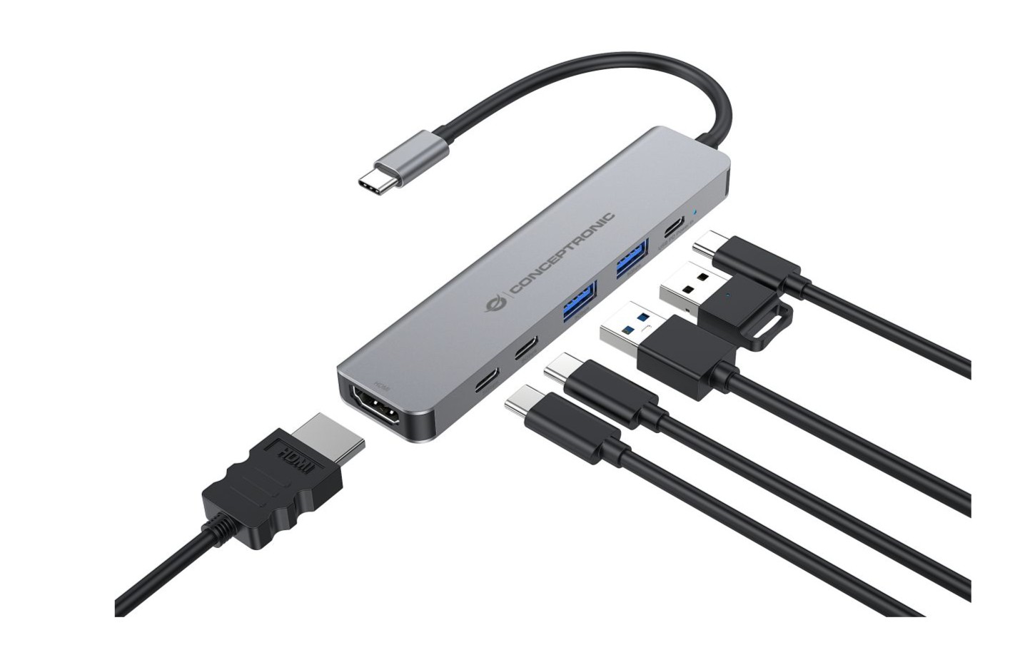Docking Station Conceptronic DONN33G 6-em-1 USB-C HDMI 4K, USB-A, USB-C e Power Delivery 100W Cinzento