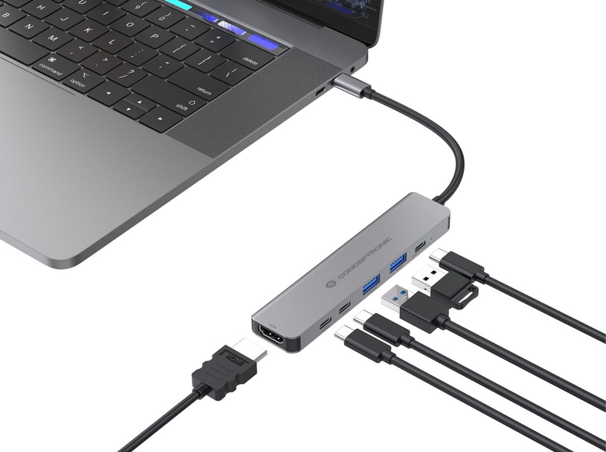 Docking Station Conceptronic DONN33G 6-em-1 USB-C HDMI 4K, USB-A, USB-C e Power Delivery 100W Cinzento