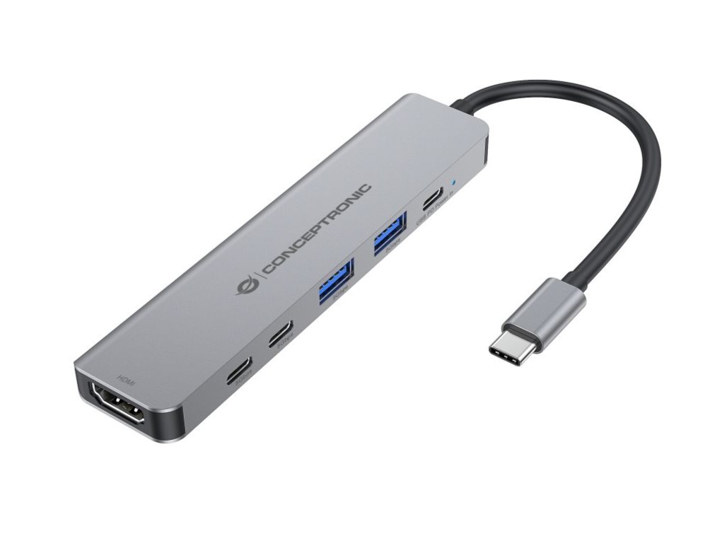 Docking Station Conceptronic DONN33G 6-em-1 USB-C HDMI 4K, USB-A, USB-C e Power Delivery 100W Cinzento