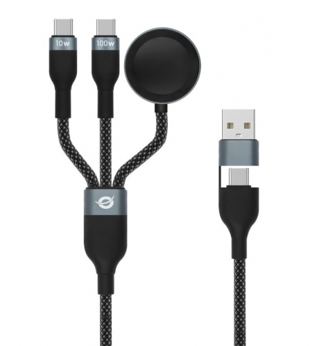Cabo de dados Conceptronic ETTA08B15 3 em 1 com carregamento rápido USB-C e carregador para Apple Watch, USB 2.0, PD 100W, 5A, marcador eletrônico, 1,5 m