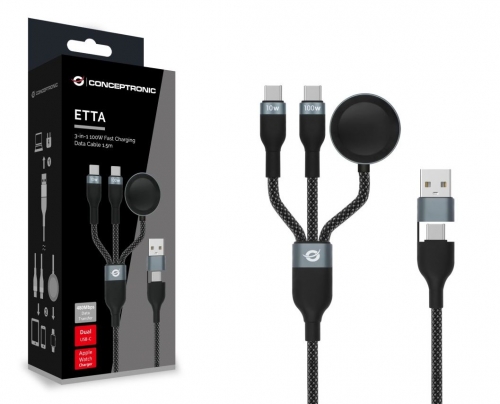 Cabo de dados Conceptronic ETTA08B15 3 em 1 com carregamento rápido USB-C e carregador para Apple Watch, USB 2.0, PD 100W, 5A, marcador eletrônico, 1,5 m