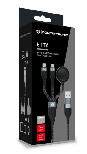 Cabo de dados Conceptronic ETTA08B15 3 em 1 com carregamento rápido USB-C e carregador para Apple Watch, USB 2.0, PD 100W, 5A, marcador eletrônico, 1,5 m