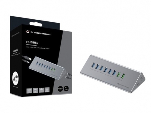 Hub Conceptronic HUBBIES18G - USB 3.0 10-em-1 60W com USB-A e USB-C