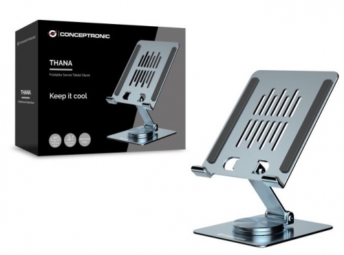 Suporte dobrável e giratório para tablet Conceptronic THANA09G, base giratória de 360°, alumínio.