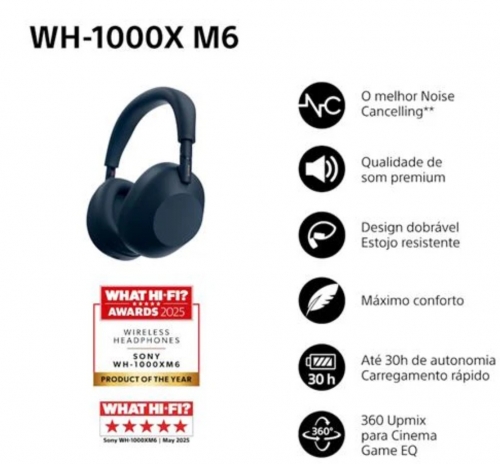Auscultadores Noise Cancelling Bluetooth Sony WH-1000XM6L Azul Midnight , WH1000XM6L.CE7