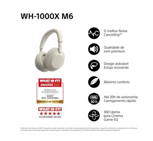 Auscultadores Noise Cancelling Bluetooth Sony WH-1000XM6S Prateado , WH1000XM6S.CE7