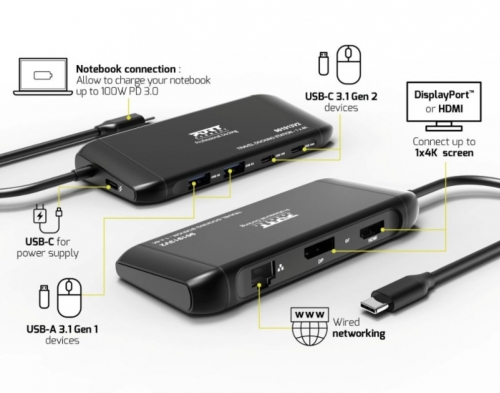 Estação de acoplamento móvel 1 x 4K USB-C 7 dispositivos 100W Port Designs 901913-V2