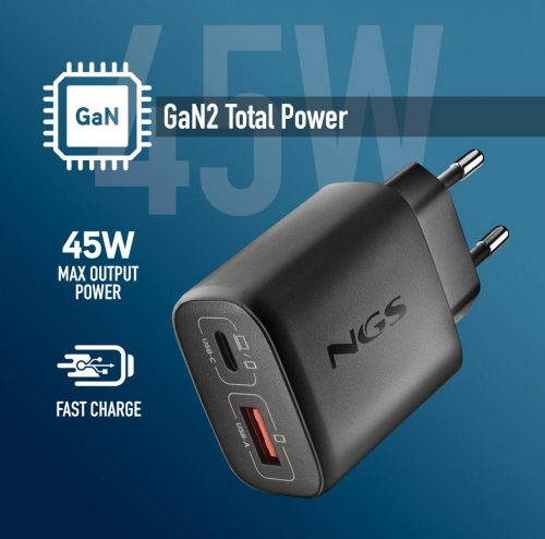 Carregador de Parede 45W USB-C + USB-A NGS EON 45W BLACK-B2C
