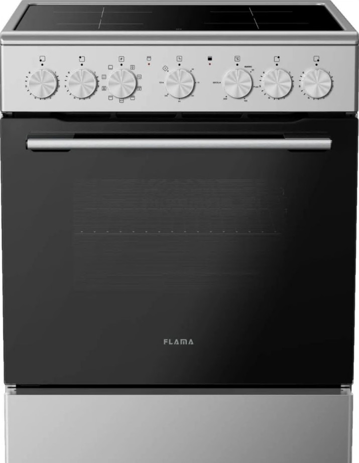 Fogão Elétrico Vitrocerâmico FLAMA 8412FL – 4 Zonas de Cozedura, 60 cm, Inox