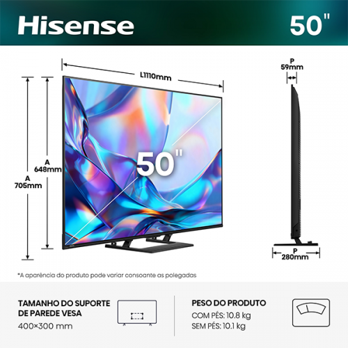 Smart TV Hisense 50" Hi-QLED 4K UHD HDR - 50A7S 