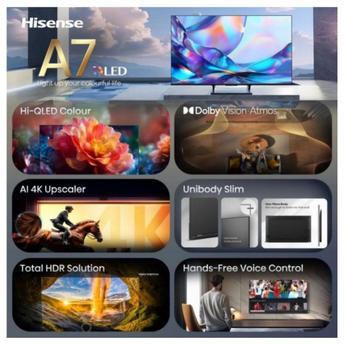 Smart TV Hisense 65A7S - 65" QLED 4K Ultra HD, HDR10+, 60Hz, HDMI/USB, Smart TV com IA