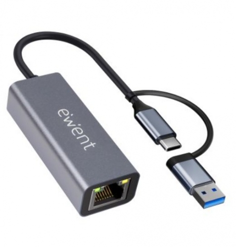 ADAPTADOR EWENT EW9819 USB-C & USB PARA RJ45 CINZA METAL ESCURO