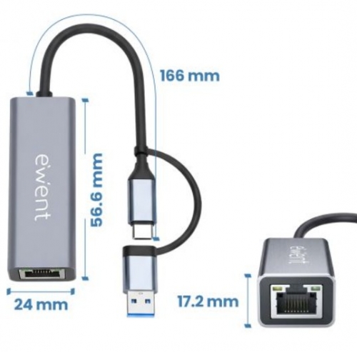 ADAPTADOR EWENT EW9819 USB-C & USB PARA RJ45 CINZA METAL ESCURO