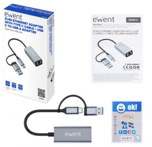 ADAPTADOR EWENT EW9819 USB-C & USB PARA RJ45 CINZA METAL ESCURO