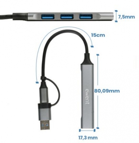 HUB EWENT EW1154 USB-C & USB C/ 3xUSB 1xUSB3.2 ALUMINIO
