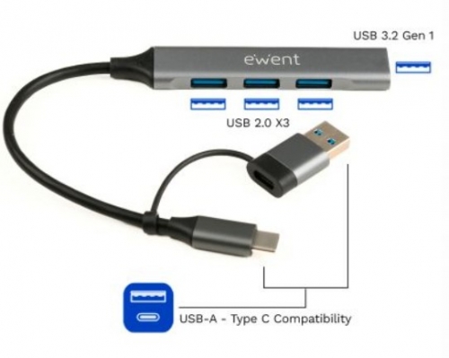HUB EWENT EW1154 USB-C & USB C/ 3xUSB 1xUSB3.2 ALUMINIO