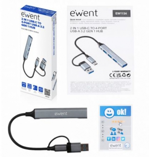 HUB EWENT EW1154 USB-C & USB C/ 3xUSB 1xUSB3.2 ALUMINIO
