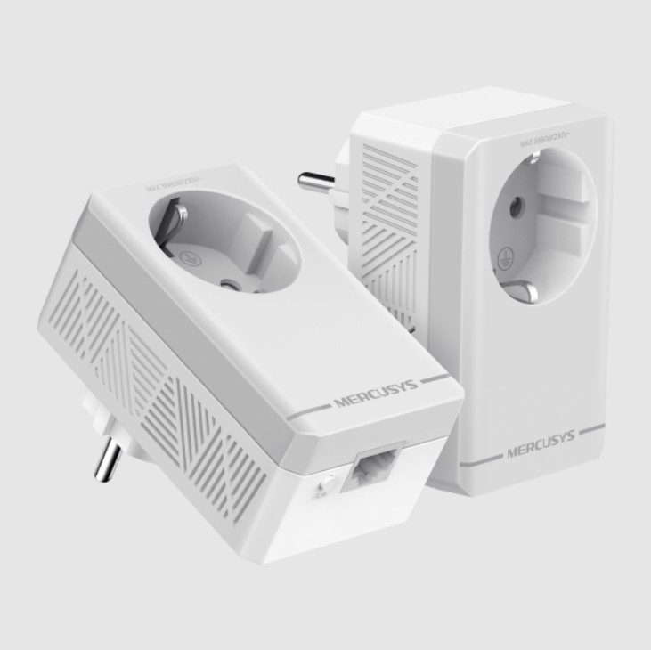 Kit Powerline MERCUSYS AV600, 600 Mbps, HomePlug AV2, 2 adaptadores com tomada elétrica integrada, 1× Ethernet 10/100 Mbps por unidade — MP300P KIT.