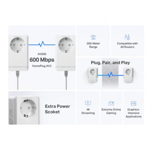Kit Powerline MERCUSYS AV600, 600 Mbps, HomePlug AV2, 2 adaptadores com tomada elétrica integrada, 1× Ethernet 10/100 Mbps por unidade — MP300P KIT.