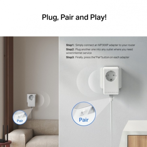 Kit Powerline MERCUSYS AV600, 600 Mbps, HomePlug AV2, 2 adaptadores com tomada elétrica integrada, 1× Ethernet 10/100 Mbps por unidade — MP300P KIT.