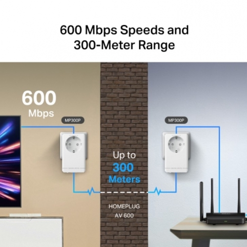Kit Powerline MERCUSYS AV600, 600 Mbps, HomePlug AV2, 2 adaptadores com tomada elétrica integrada, 1× Ethernet 10/100 Mbps por unidade — MP300P KIT.