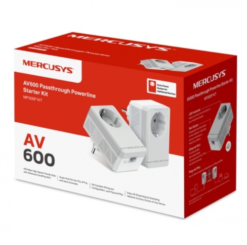 Kit Powerline MERCUSYS AV600, 600 Mbps, HomePlug AV2, 2 adaptadores com tomada elétrica integrada, 1× Ethernet 10/100 Mbps por unidade — MP300P KIT.
