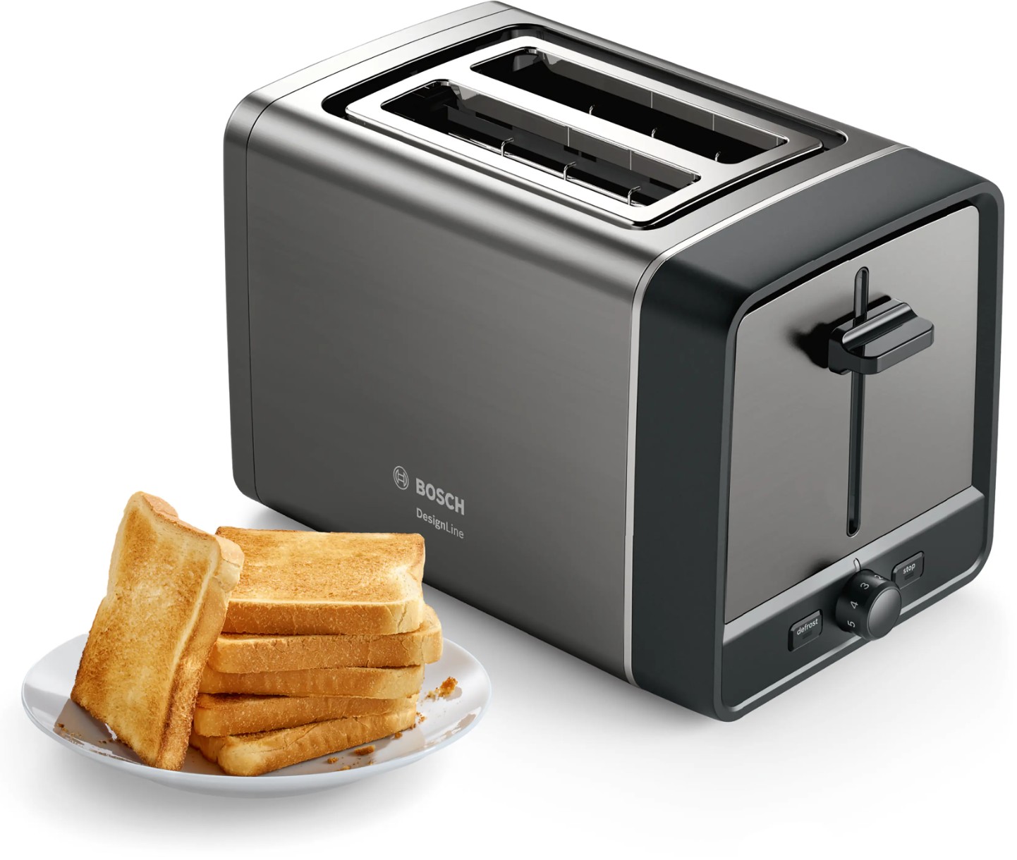Torradeira Bosch DesignLine TAT5P425, 2 fatias, 970 W, Inox, Cinzento. 