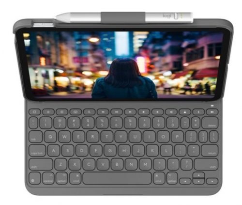 Teclado Logitech Slim Folio (920-011427) – Capa com Teclado Sem Fios Bluetooth LE para iPad, QWERTY Italiano, Cinzento Oxford
