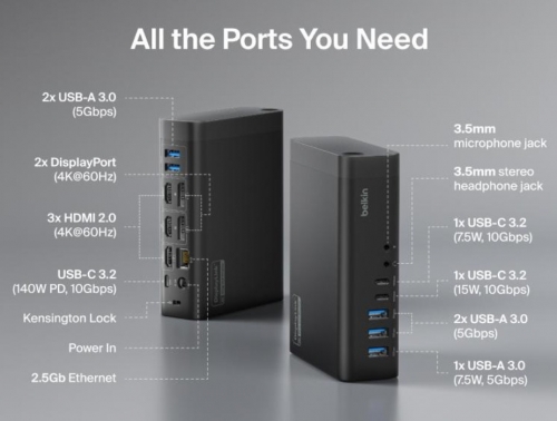 Docking Station Belkin Connect Universal 16-in-1 Triple Display Dock 140W - USB-C, 3 Monitores 4K, DisplayLink, Ethernet 2,5GbE - INC029KQBK